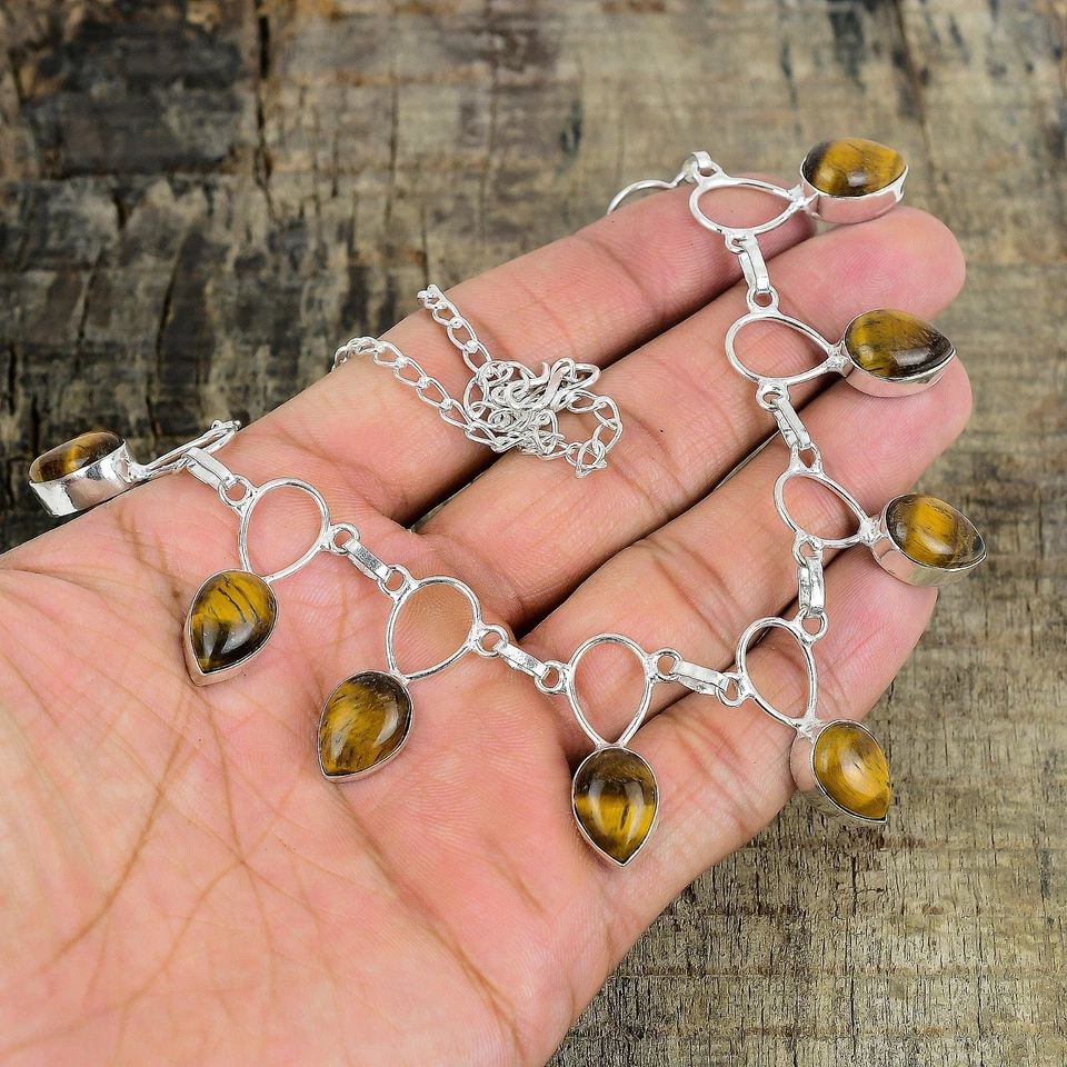 925 Argento Sterling Naturale Occhio di Tigre Gemma Fatto Gioielli Collana Gift - Immagine 4 di 4