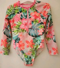 Wonder Nation Pink Tropical RashGuard 1 pc Girls Long Sleeve Zip UPF 50 Size 5T