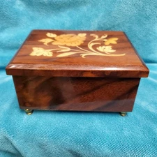 Vintage Italy Floral Inlay Wood Sorrento Music Trinket Footed Hinged Jewelry Box