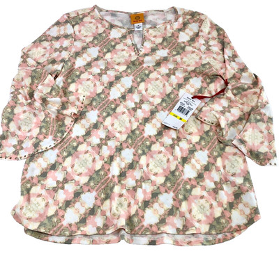 Ruby Rd Women Top Sz M Floral Split Neck Studded Bell Sleeve Stretch NWT $63