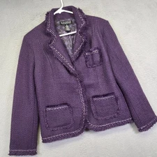 Dialogue Blazer Womens 10 Purple Wool Tweed Fringe Classic Preppy Retro Office