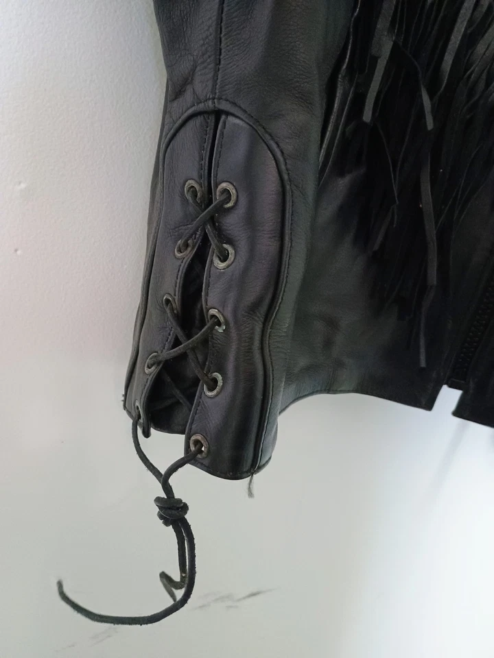 Unik International Women's Black Full Zip Fringe Leather Biker Jacket Size XL - Image 3 of 4