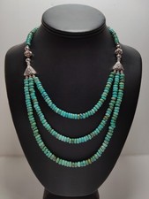 Vintage Southwestern 3-Strand Natural Turquoise Heishi Necklace Sterling Floral