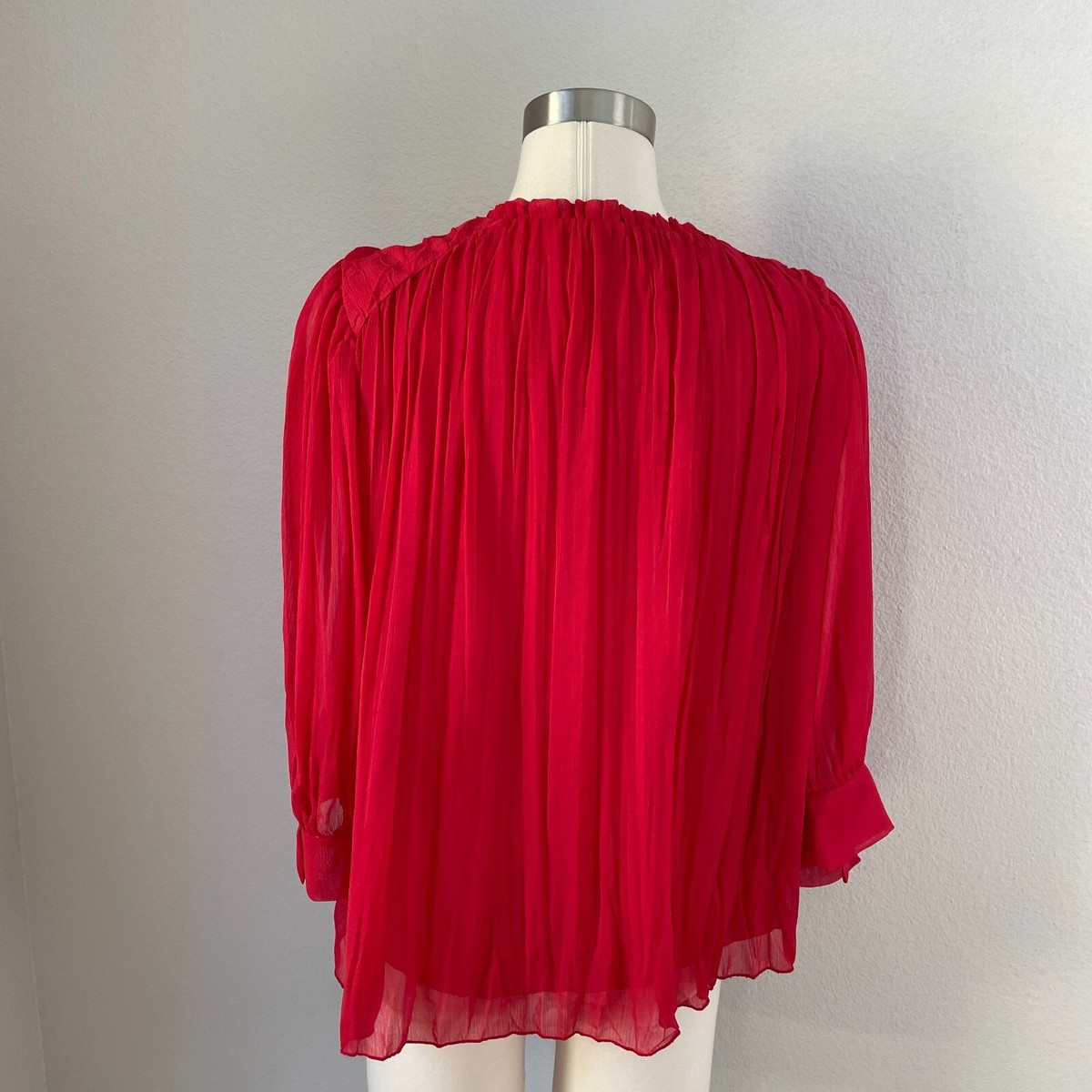 Zara Womens XS Red Chiffon Pleated Blouse 3/4 Sleeve Shirt