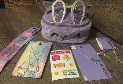 Claire s Plush Bunny Cosm Bag Unicorn Jewelry Brave Hair Justice Sticker Lot