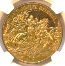 1870 MA HK-15A SC $1 Pilgrim Jubilee Memorial Gilt-Copper Varity- NGC MS64
