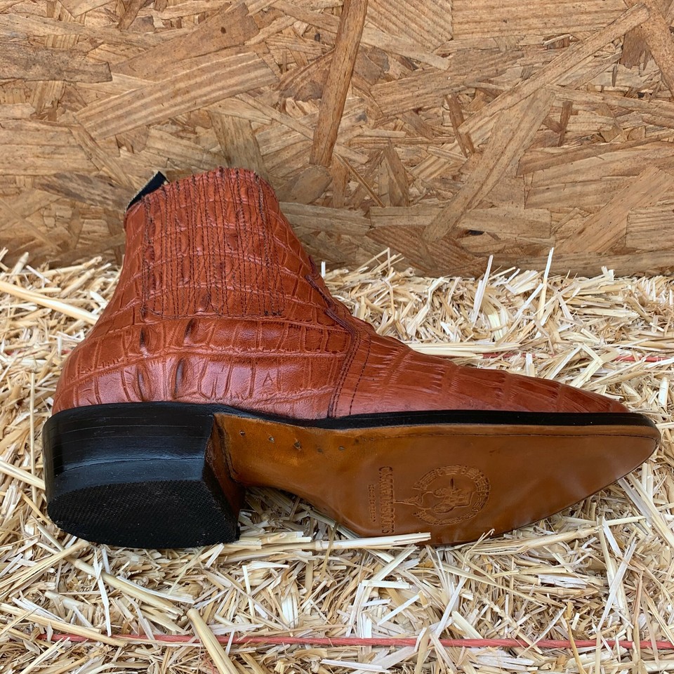 Men's Crocodile Print Leather Ankle Boots - Handmade Western Cowboy Boots In Pointed Toe