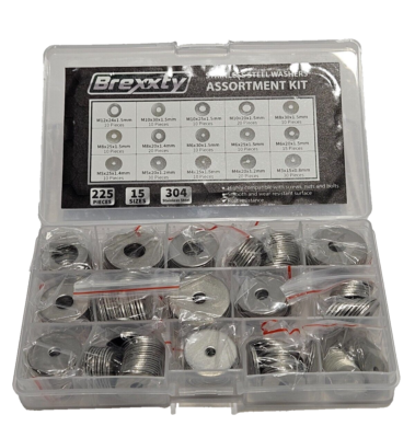 #ad BREXXTY STAINLESS STEEL FLAT WASHERS 15 SIZES 225 PIECES 304 STAINLESS STEEL $29.57
