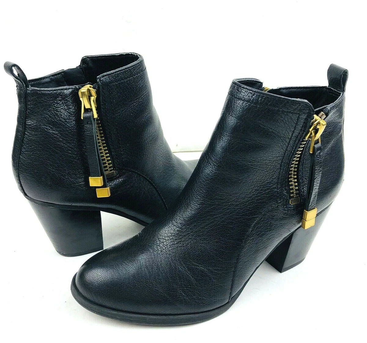 Franco Sarto Diana Women Leather Ankle Boot 6M Black Duel Side Zip 2.5
