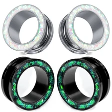 PAIR White Opal Glitter Rim Screw Fit Tunnels Ear Plugs Earlet Rimmed Gauges