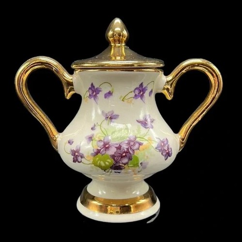 Sucrier et crémier vintage ancien reproduction or 22 K crème fleurie - Photo 2 sur 15