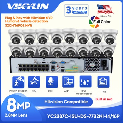 Hikvision Compatible 4K 8MP ColorVu Camera Full Color Turret IP Camera Mic Lot