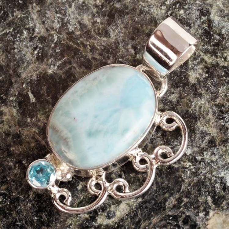 Solid .925 Silver LARIMAR & Blue TOPAZ PENDANT 1 3/4" (45mm) ~ Up to 11g / .39oz