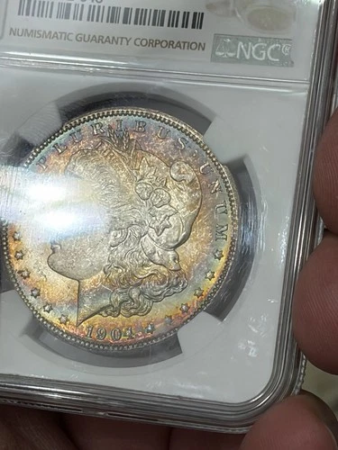 1904 O Morgan Dollar NGC MS 63 Amazing Purple Blue Red Album Rainbow Toned MS63