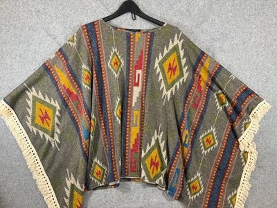 See You Monday Poncho Serape Cover-Up Womens OS Green Western Aztec Fringe USA