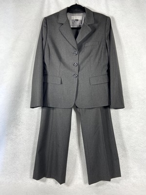 Tahari Asl 2PC Pant Suit Women’s Petite 10P Gray Blazer Buttons Pinstriped 