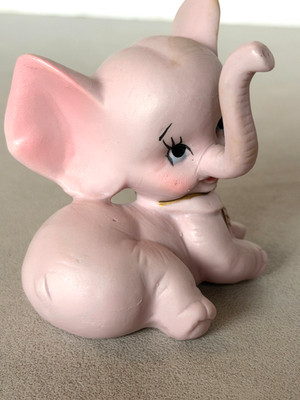 Vintage Kelvins Pink Elephant Porcelain Bisque Ceramic Figurine 3.5'' Trunk Up