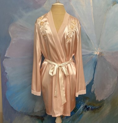 Linea Donatella Pink Satin Robe XL Embroidered Floral Lace Beaded Trim Belted