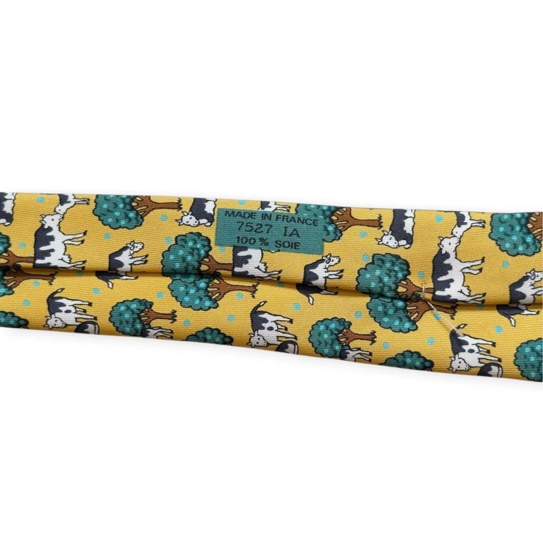 HERMES Excellent Condition Cow Print Silk Tie Yellow Animal