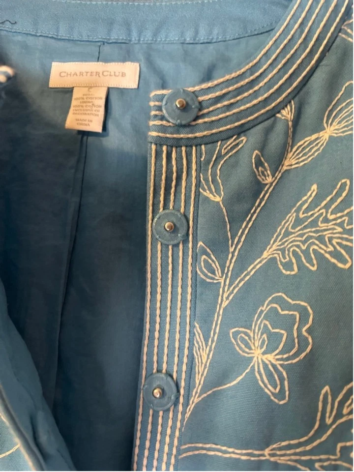 Chaqueta de algodón Charter Club azul bordada para mujer talla L ligera Foto 4 de 4
