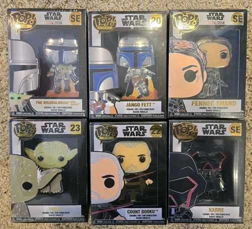 Lot of 6 FUNKO Star Wars Pop Pins Yoda Jango Fett Karre Count Dooku Grogu Fennec