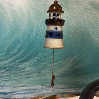 ''Lighthouse'' (Blue/White/Brown) Wind Chime 8'' Ceramic Pottery with Anchor Bell