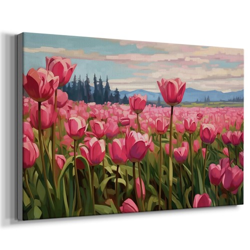 Canvas Artwork for Home Floral Pink Tulip Field Meadow Scenery Wall Hanging P... - Picture 2 of 9