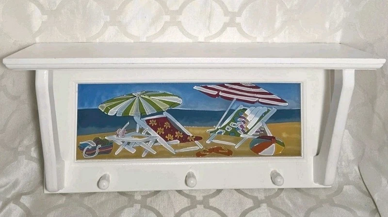 Beach Scene Stained Glass Style White Wall Shelf