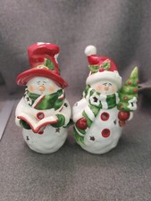 2 Snowmen Tea Light or Votive Candle Holders With Christmas Tree  Caroling
