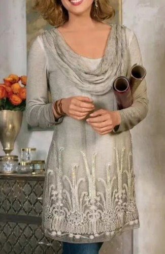 Soft Surroundings Tunic Womens Sz L Gray Silk Embroidered Beaded Embroidered Top