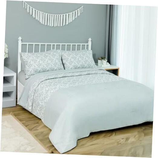 Comforter Set, 7 Pieces Bed in a Bag, Botanical Soft Queen Grey Leaves-image
