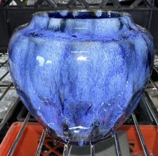 Cobalt Blue Natural Art Pottery Vase Abstract Drip Glaze Finish 4" Tall
