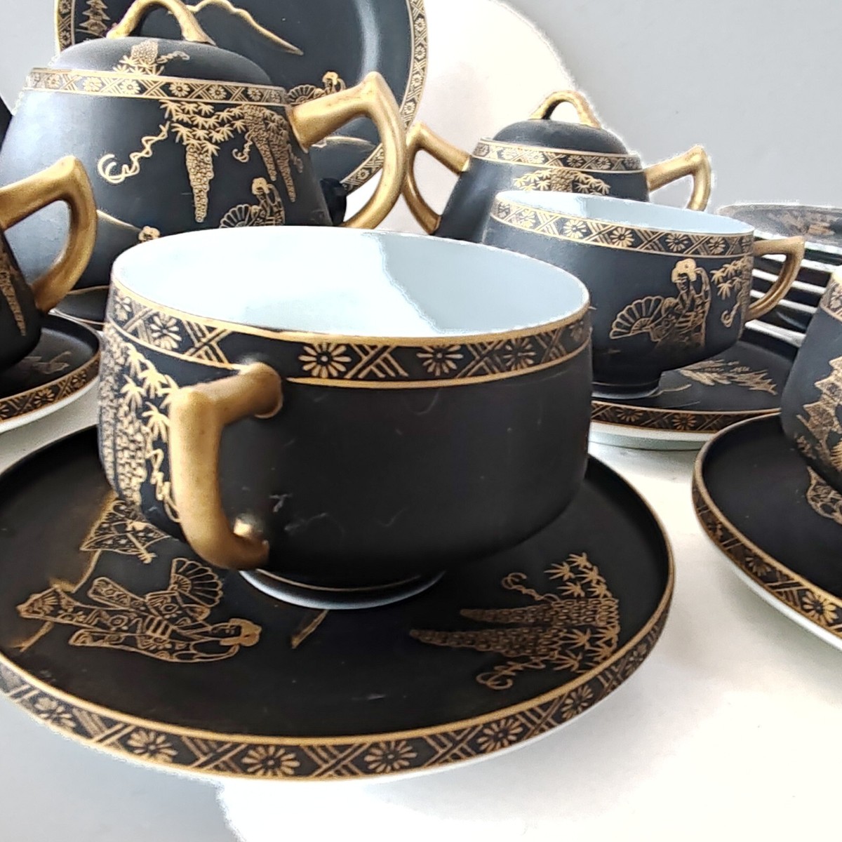 Vintage Eiho Japanese Hand Painted Coffee Tea Set Black and Gold