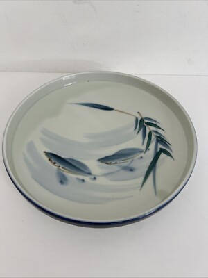 VTG Japanese Ceramic Blue White Footed Dish Tableware Handmade Painted Koi Fish
