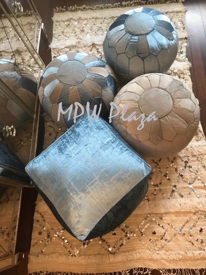 Puf de terciopelo MPW Plaza, azul zafiro gris, otomano marroquí (sin relleno) Foto 2 de 2