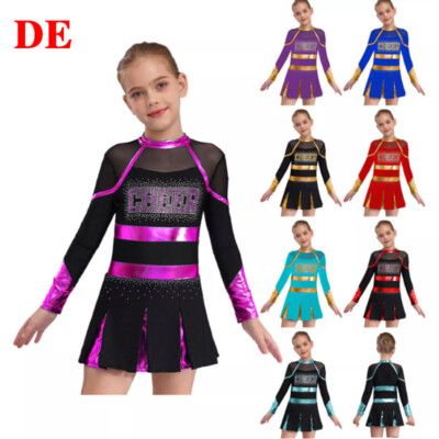 DE Mädchen Cheer Leader Outfit Set Longsleeve Tanzkleid Cheerleading Kostüm