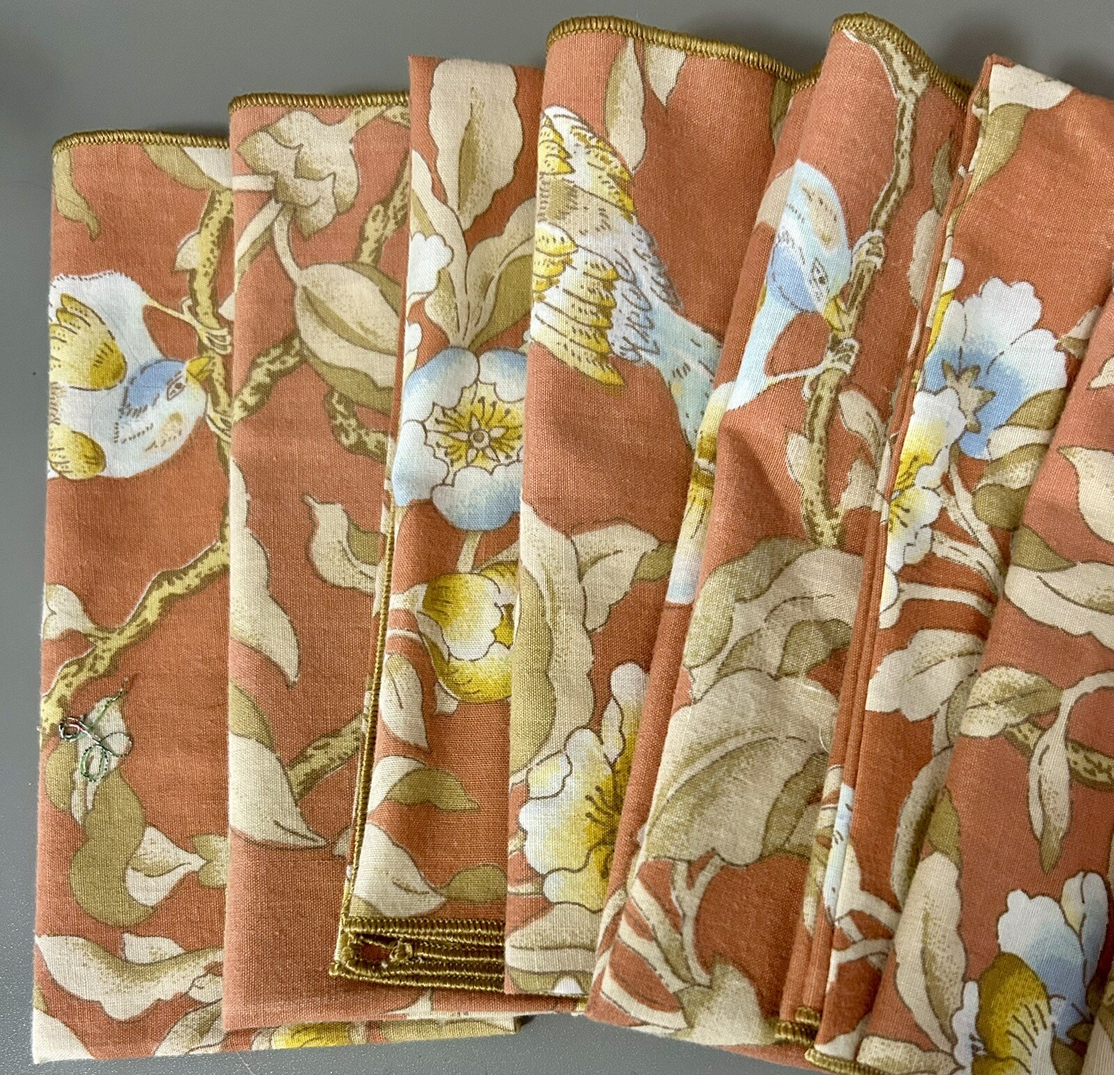 Vintage Napkins Esque 1980 Coral Orange Blue Bird Bamboo Regency Set Of