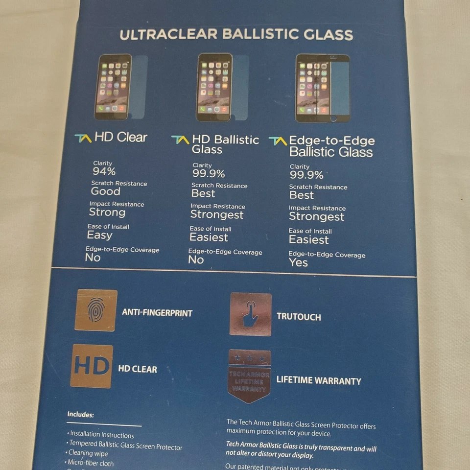 Protector de pantalla de vidrio balístico Tech Armor HD para iPhone 6Plus/6S Plus caja abierta Foto 3 de 4