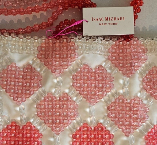 NEW ISAAC MIZRAHI PINK RED HEART GLASS BEAD TOTE PURSE GIRLY COQUETTE PREPPY BAG - Picture 2 of 5