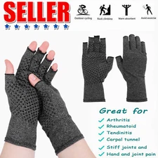 Hemp ash Palm Arthritis Compression Pain Relief Half-Finger Thicken Gloves Black
