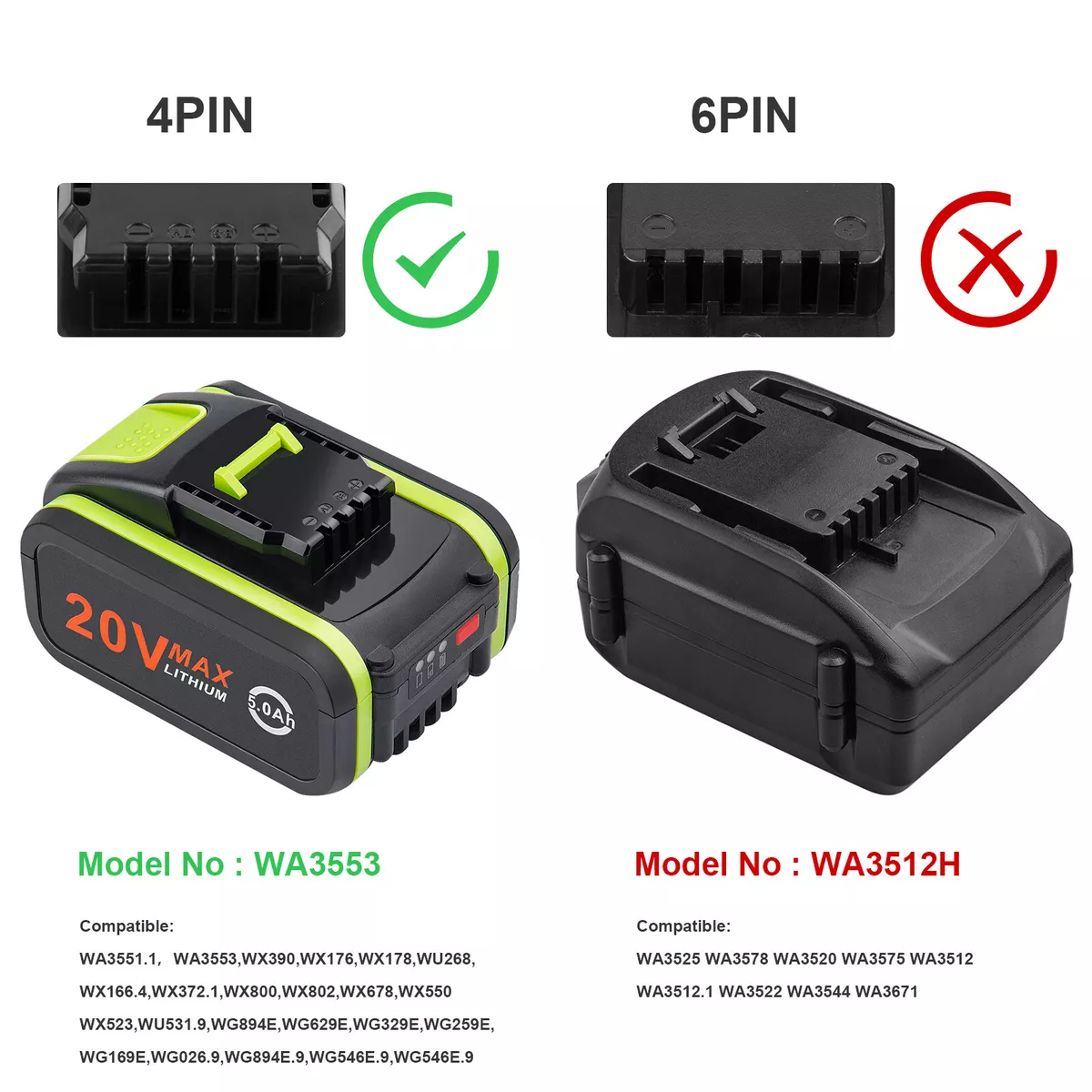 5.0Ah 6.0Ah For Worx 20V Battery Li Ion WA3551.1 WA3553 WA3553.1