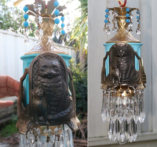 Schwarze Katze Deckenlampe Kronleuchter Messing Tole Glas Türkis Perlen Kristall Deko - Bild 7 von 12