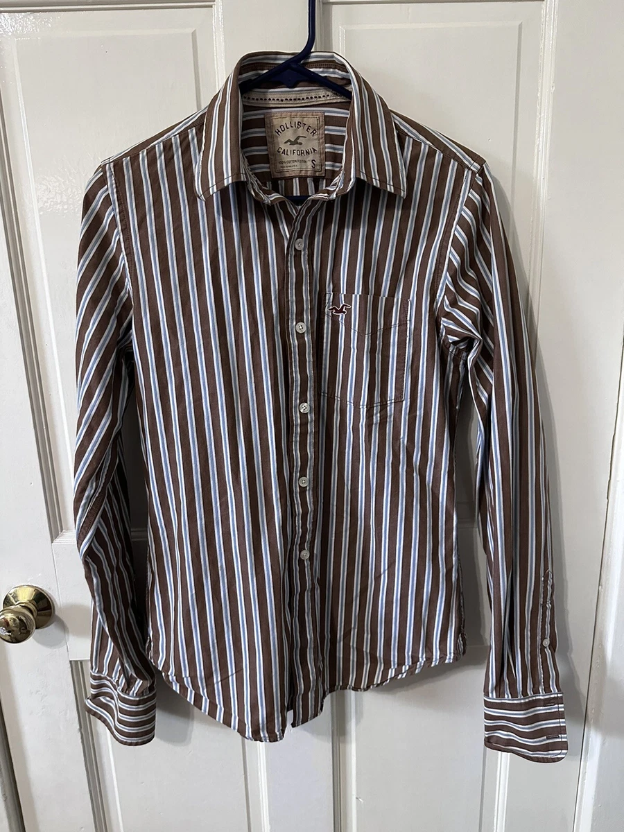 Hollister Mens Cotton Small Button Down Brown White Blue Striped Dress Shirt