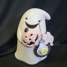 GOBLIN GHOUL Ceramic Smiling Ghost W/ Pink Pumpkin 9in Halloween Decor NWT