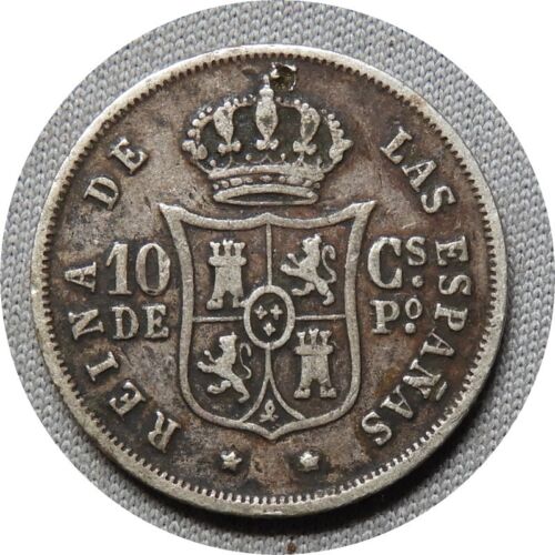 elf Philippines Spanish 10 Centimos 1868 Queen Isabella II Silver T68 - Picture 2 of 2