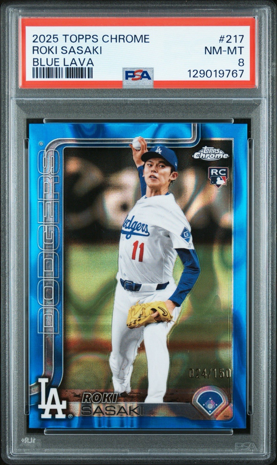 2025 Topps Chrome ROKI SASAKI 217 Rookie Blue Lava Refractor /150 RC PSA 8