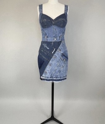 Dolce & Gabbana Patchwork Denim Trägerkleid kurz Blau/Schwarz Gr. 36