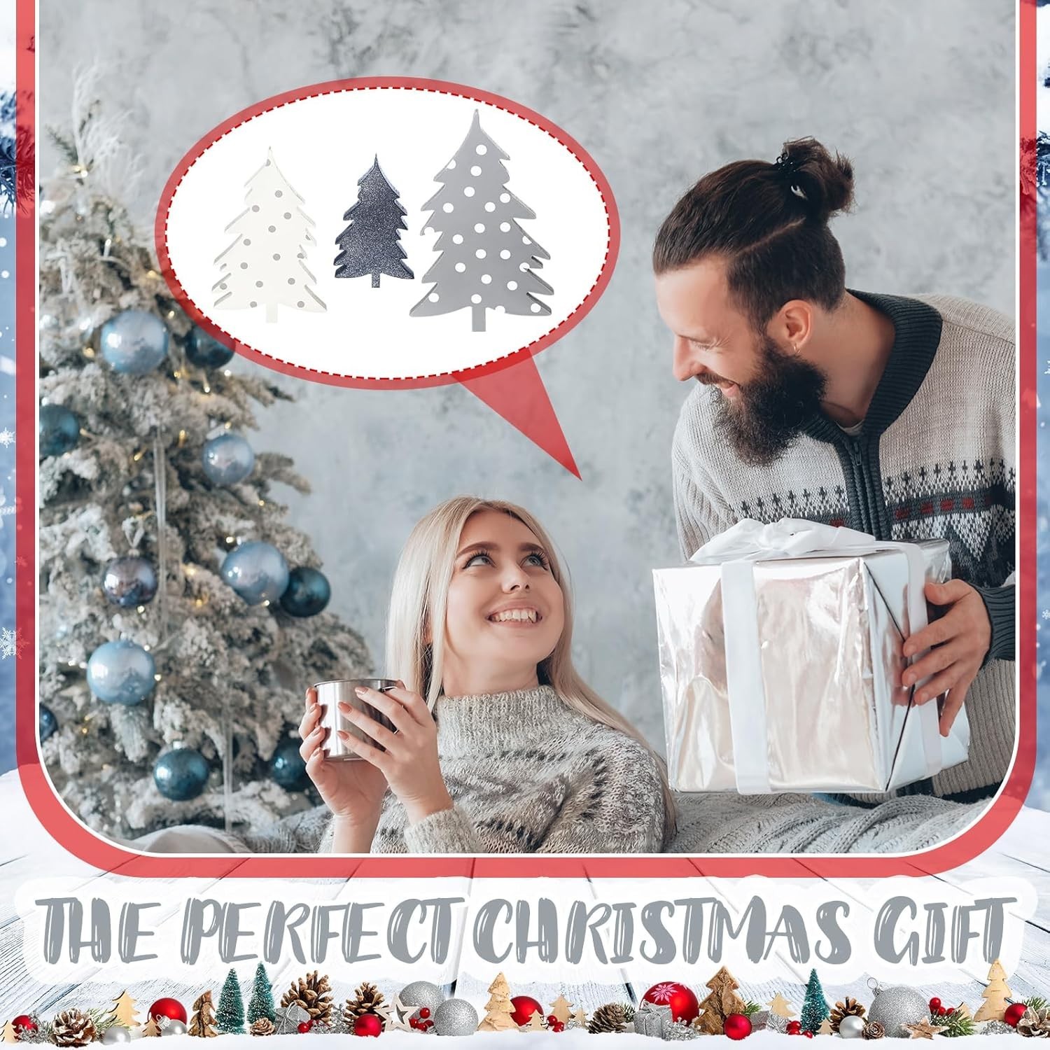 Chunful 3 Pcs Farmhouse Wooden Christmas Tree Sign Tabletop Decor Rustic Gray Wh