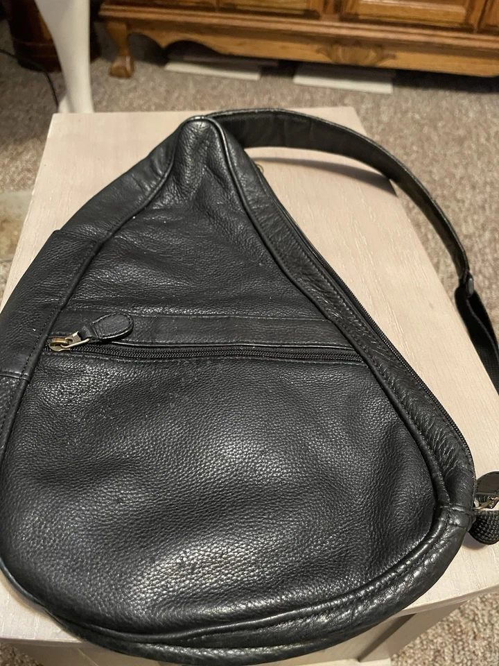 L.L. Bean Ameribag Healthy Back Sling Bag Backpack Black Leather Crossbody - Image 3 of 4