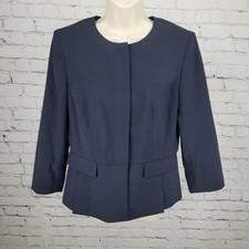 Ann Taylor Navy Stretch Buttoned 3/4 Sleeve Collarless Suit Jacket Blazer 8